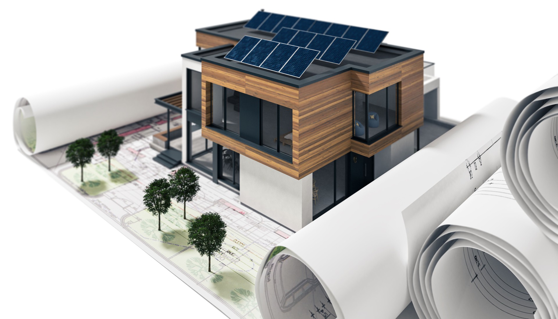 Draft of a contemporary villa exterior with solar panels in planning  - 3D visualization