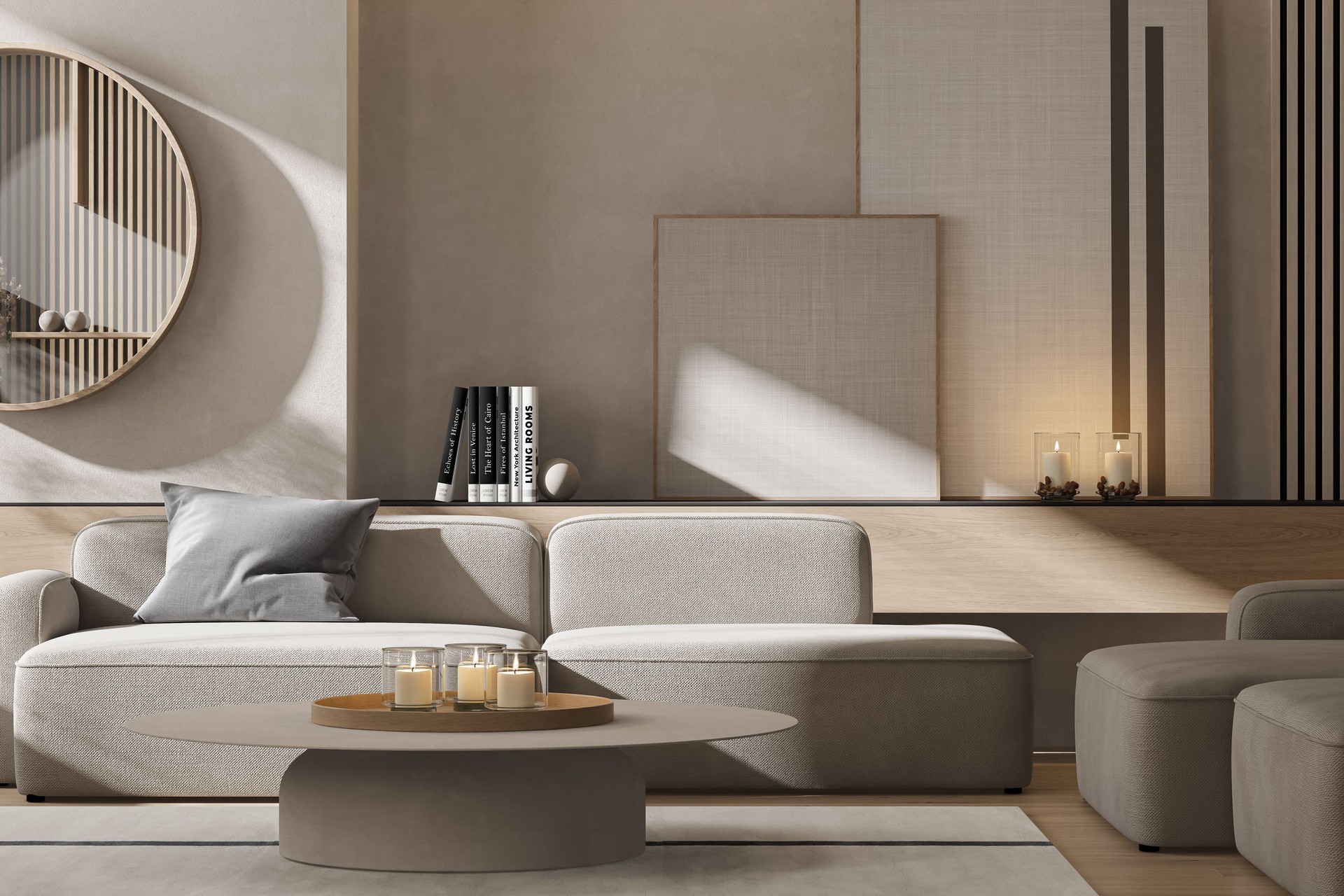 Modern Japandi Living Room Interior with Neutral Tones and Minimalist Decor
