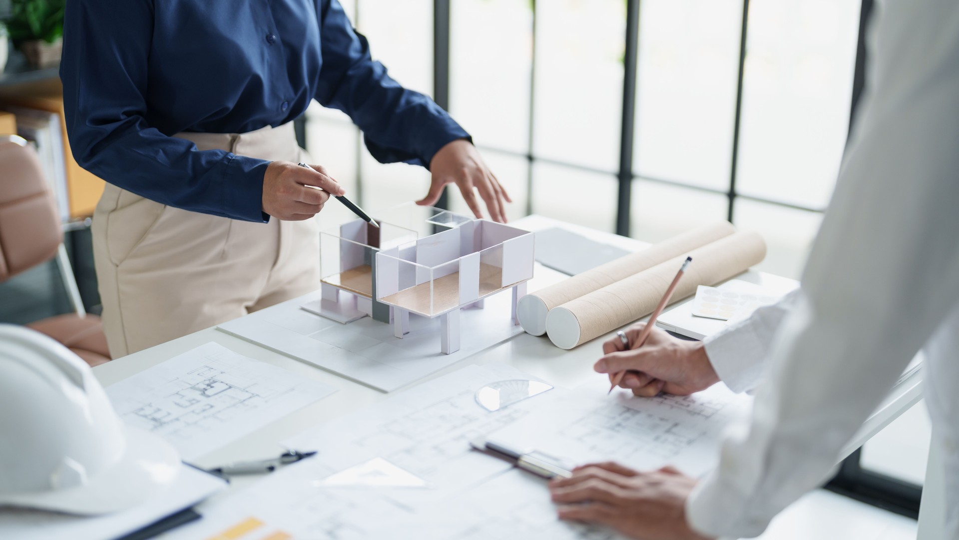 Architecture drawing on architectural Creative project business architecture building construction Industrial engineering Achievement Planning Design on blueprint eco Concept